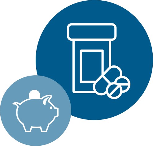 Pharmaceuticals icon with piggy bank savings icon